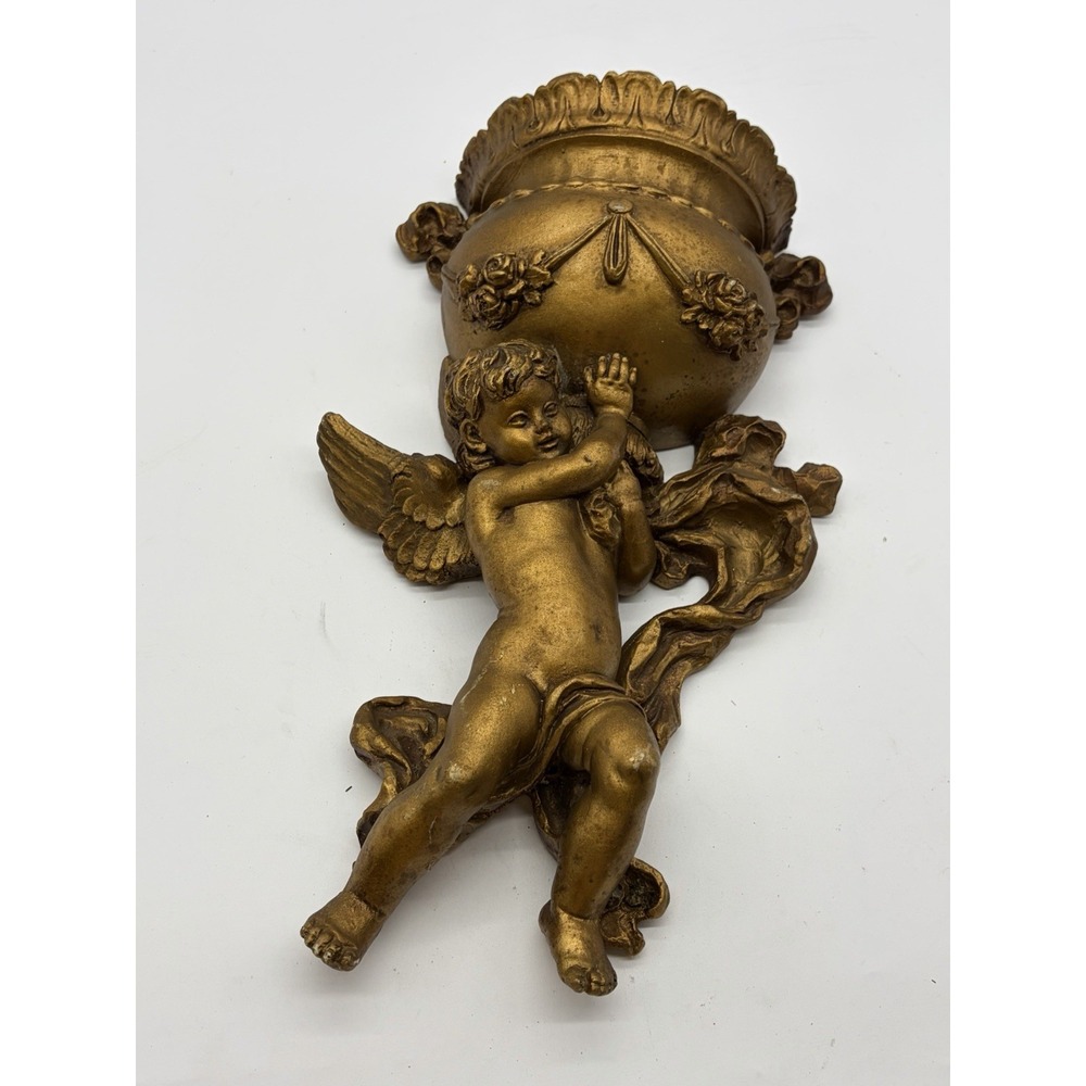 Vtg Angel Cherub Roses Victorian Gold Wall Pocket Planter Resin 14.5"